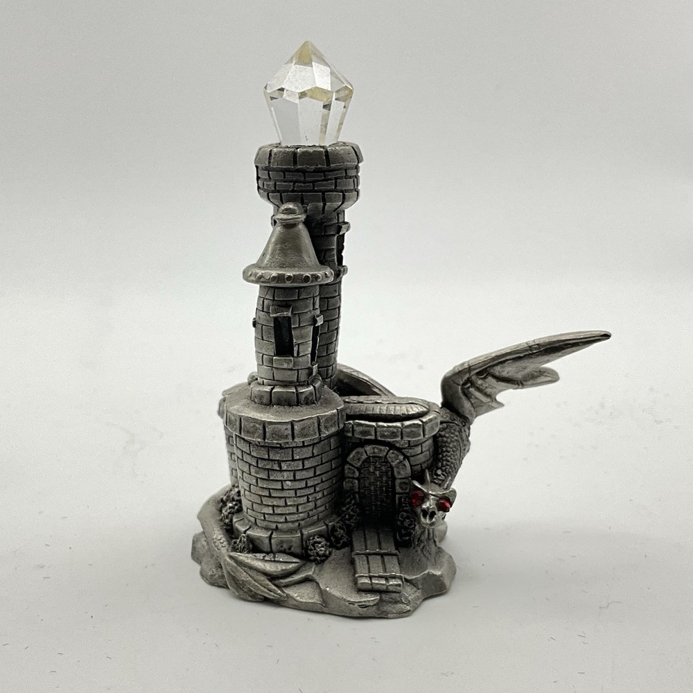 Spoontiques Pewter Castle Crystal Gem Tower Dragon M627 Vintage 2.75" Figurine
